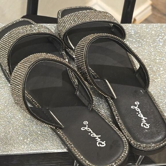 Qupid Double Strap Rhinestone Flat Sandal- Pewter - Picture 6 of 7